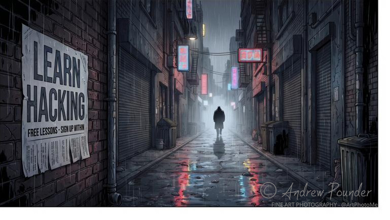 A rain-soaked neon-lit alley at night with a lone silhouetted figure walking toward the camera.
