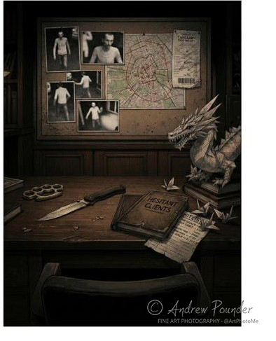A dimly lit desk with a knife, a notebook labelled hesitant clients, and a small dragon figurine.