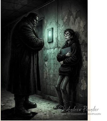 A large man in a trench coat looming over a nervous younger man in a run-down corridor.