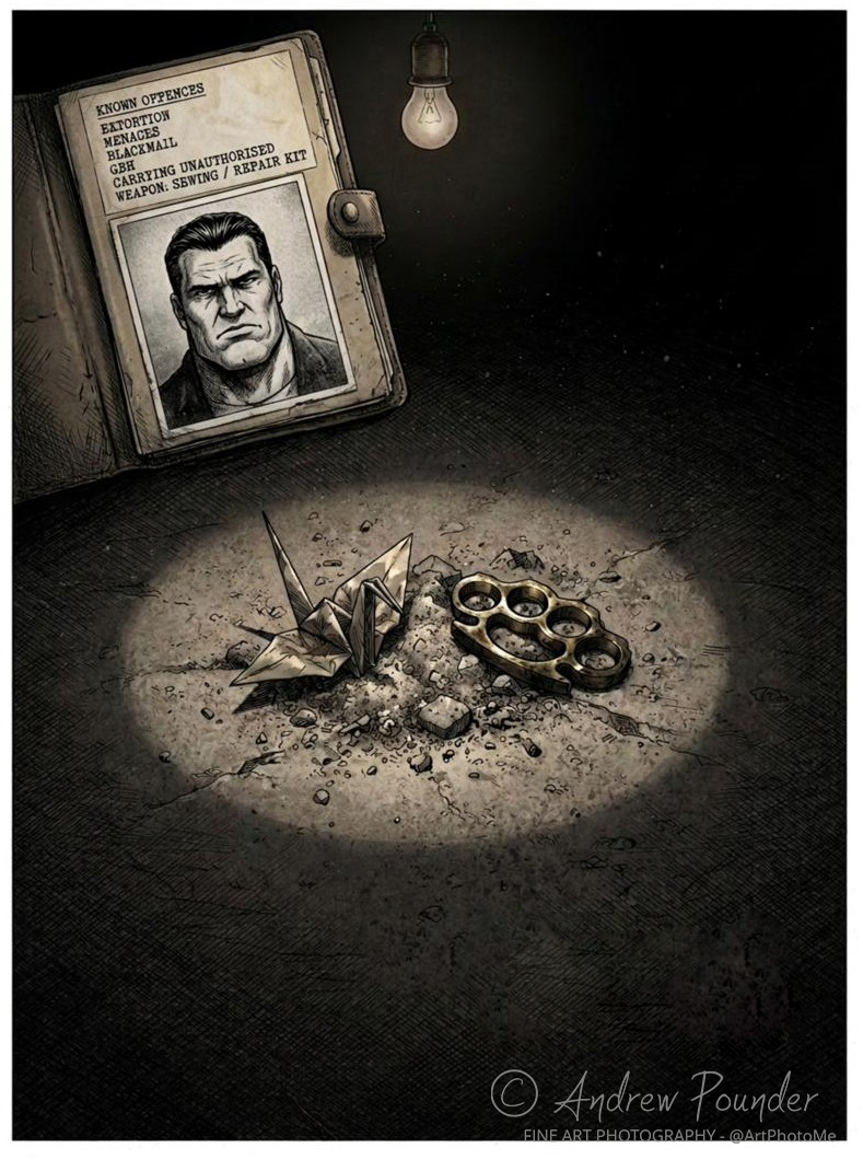 An open case file with a mugshot and list of known offences, beside a spotlight on a pair of origami cranes and a brass knuckleduster.
