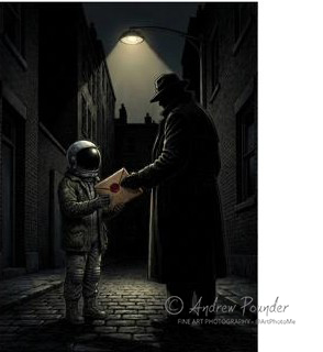 A trench-coated man handing an envelope to a small figure in an astronaut suit, under a single streetlight.