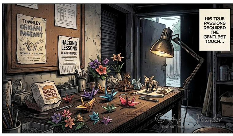 A cluttered workbench covered in colourful origami cranes and flowers, lit by an anglepoise lamp.