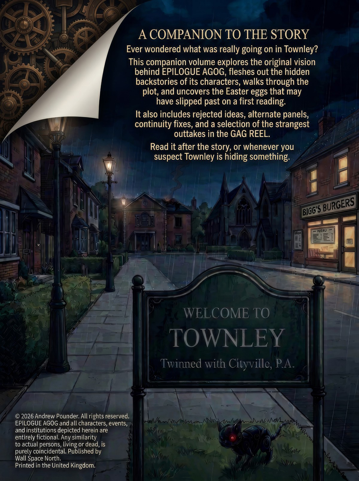 Epilogue-Agog Companion File back cover: the Townley street at night, with jacket copy describing the companion's contents and a small mechanical cat watching from the grass.