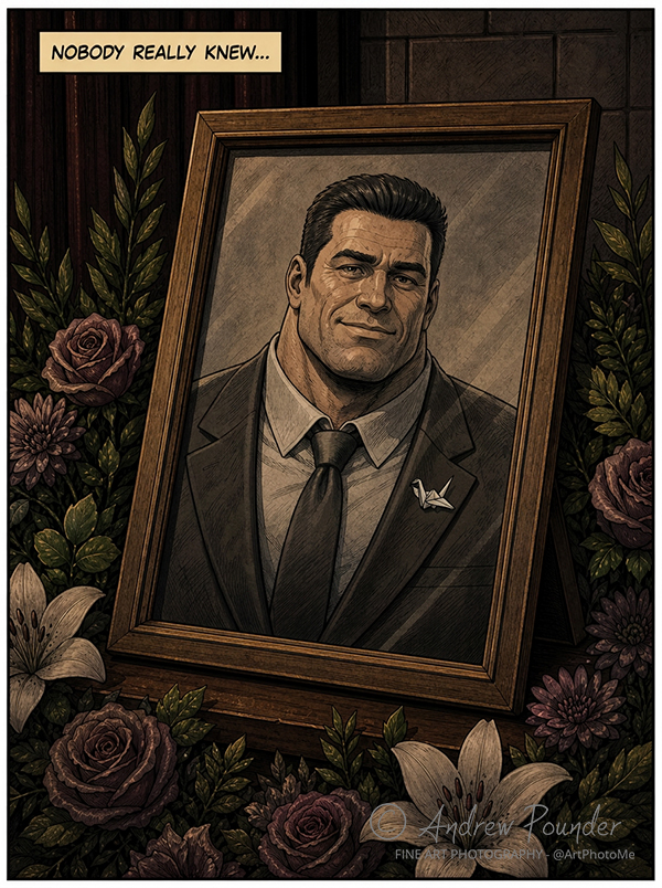 A framed funeral portrait of a smiling, broad-shouldered man, with the caption Nobody Really Knew.