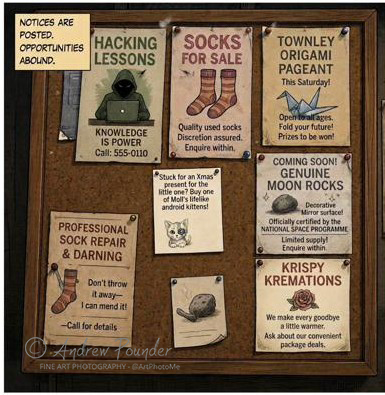 A community noticeboard with adverts for hacking lessons, socks for sale, and the Townley origami pageant.