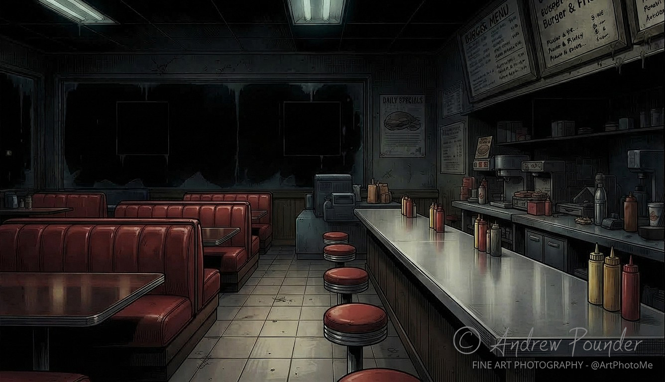 The dimly lit interior of Bigg's Burgers, with empty red booths, a tiled counter, and a chalkboard menu.