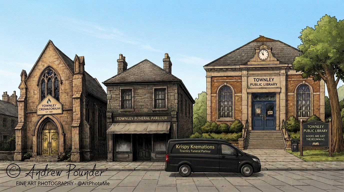A Krispy Kremations van parked outside Townley Crematorium, Townley Funeral Parlour, and Townley Public Library on a quiet street.